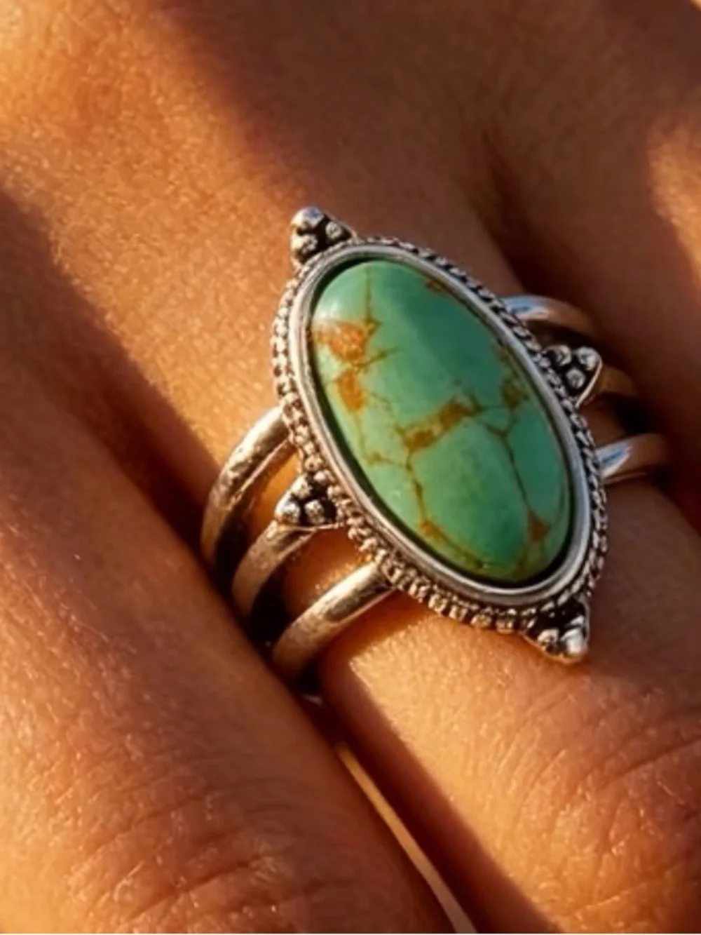 Turquoise Oval Stone Silver Ring - Green Turquoise Statement Ring